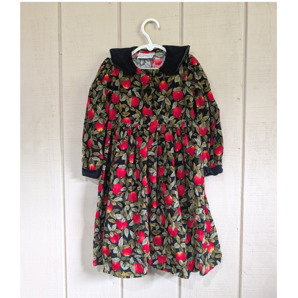 Vintage Caroline Classics Girls Apple Print Corduroy Dress Black Red Peter Pan 8